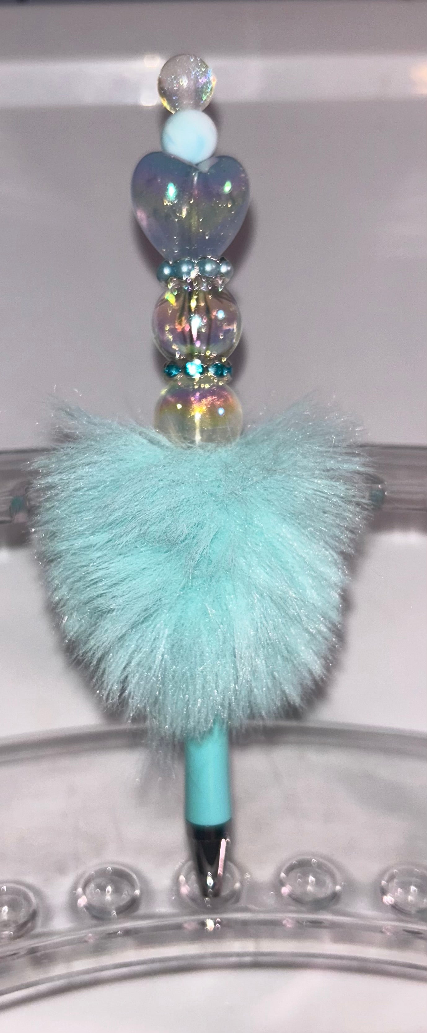 Clear Heart PomPom Teal Pen