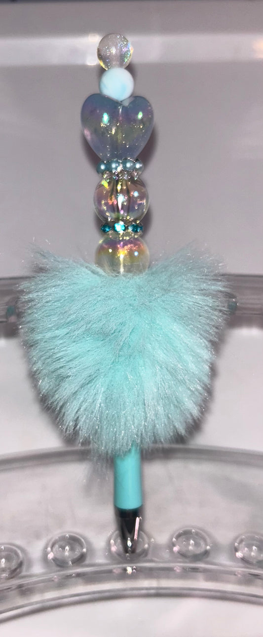 Clear Heart PomPom Teal Pen