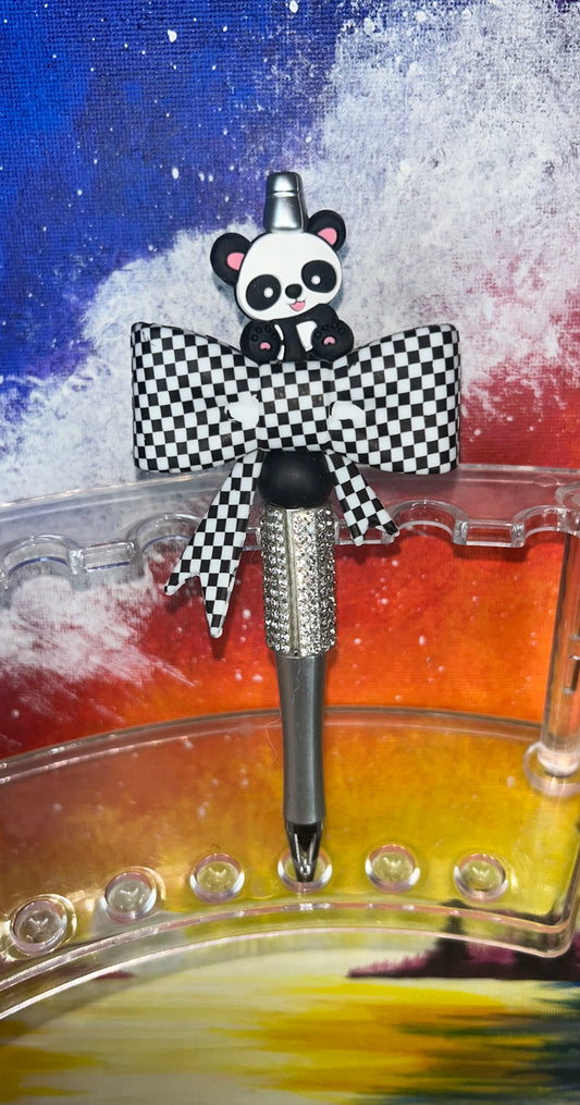 Panda Checkered Bow Silver Bling Pen