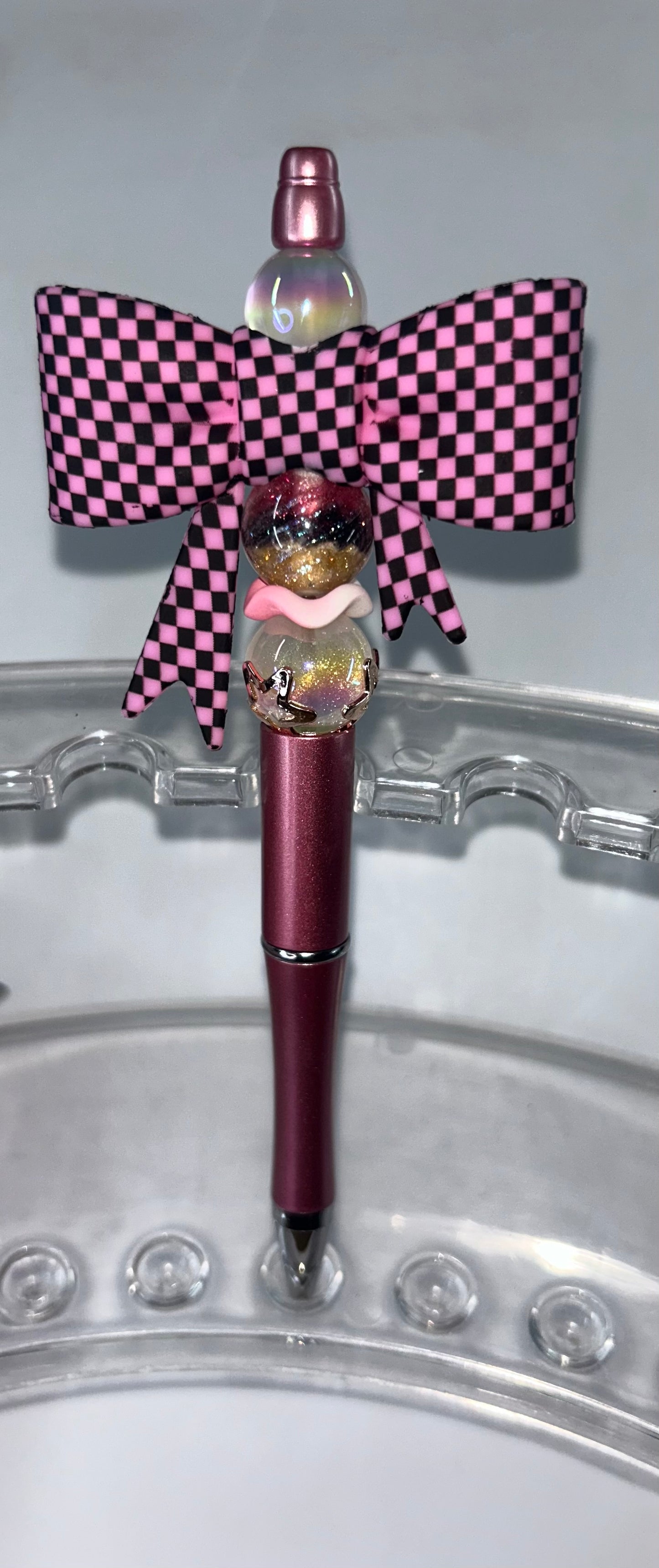Pink Checkered Bow Rose Pen